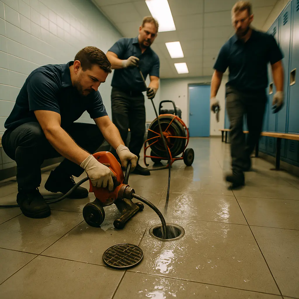 Technician performing hydrojetting on industrial drain using high-pressure water jet equipment.