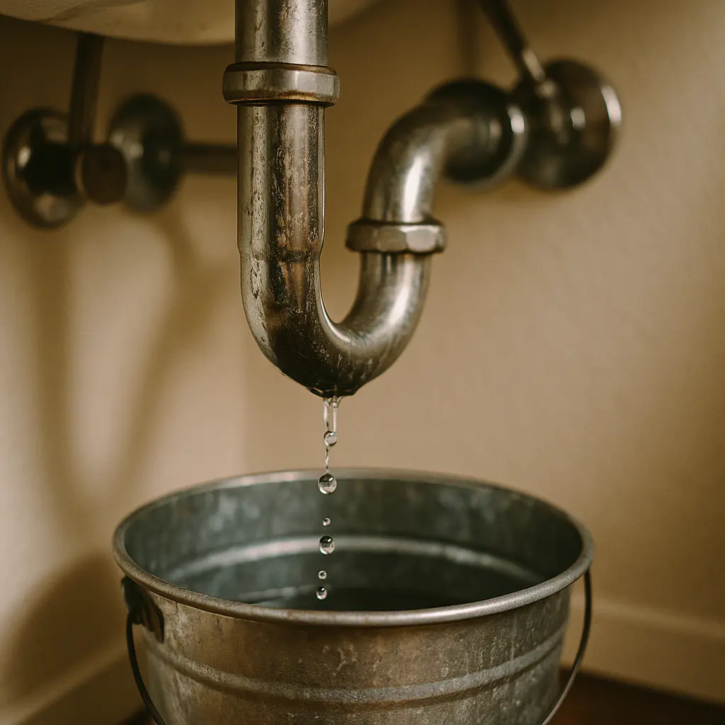 Close-up of leaking pipes under a sink, showing water damage and the need for prompt plumbing repair in an ADU setting.