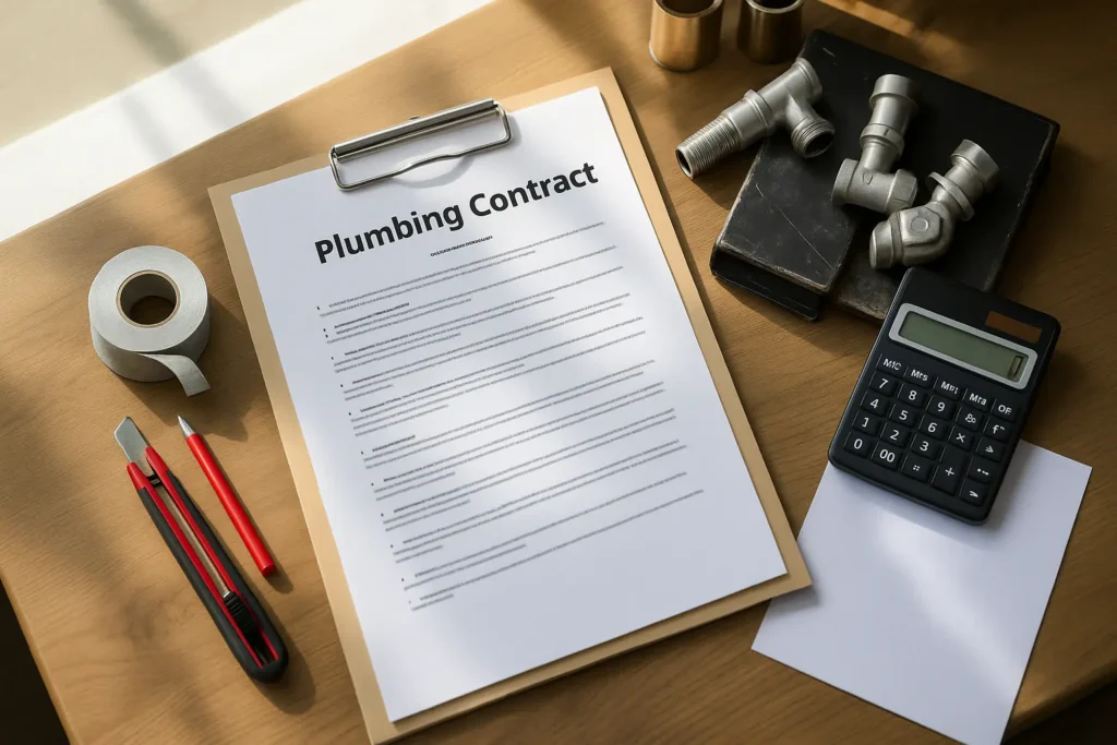 Plumbing contract paperwork ready for appointment confirmation, emphasizing service ability and replacement planning.