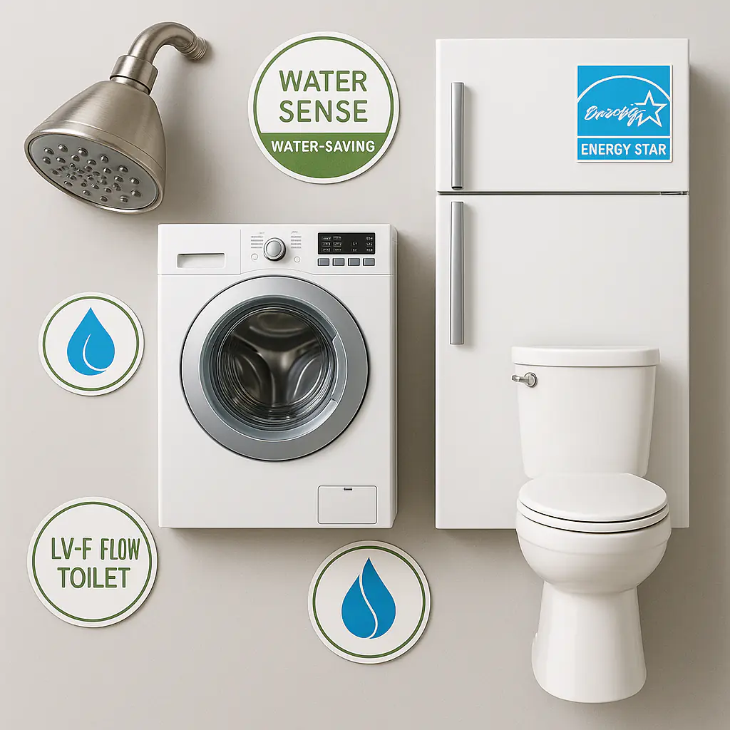 Water-saving showerheads, low-flow toilets, and Energy Star-certified appliances laid out with water efficiency badges.