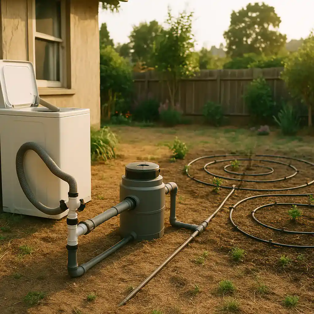 urban backyard where a greywater recycling system is being installed. Pipes connected from a washing machine into a smart irrigation setup,