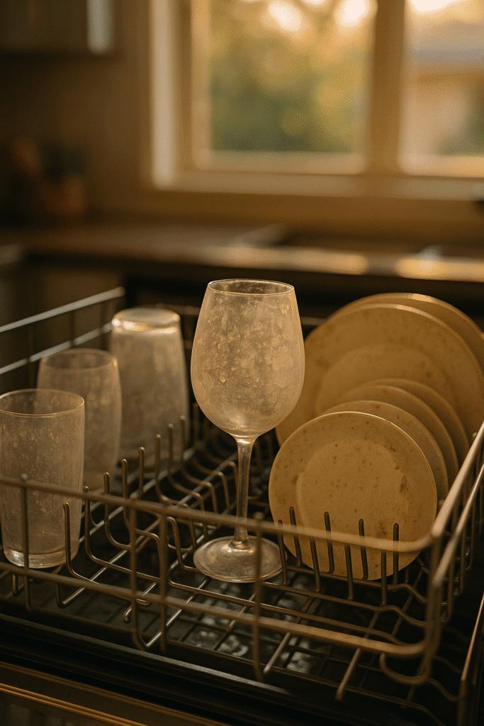 dirty and cloudy dished in dishwasher