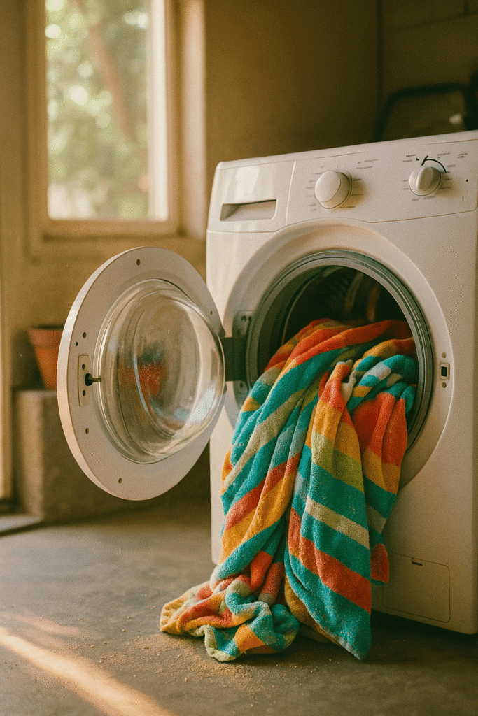 washing machine filled with beach towels