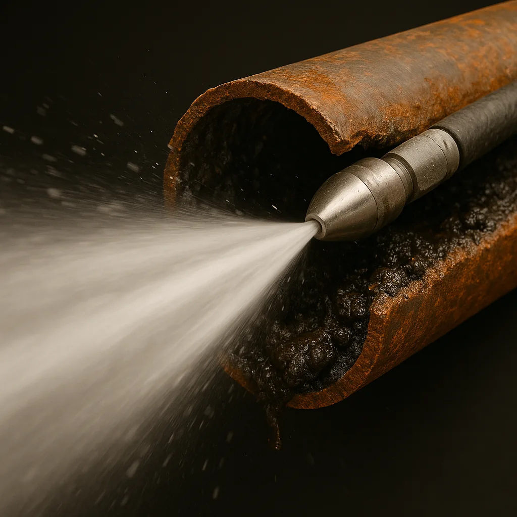 Powerful water jet blasting clog