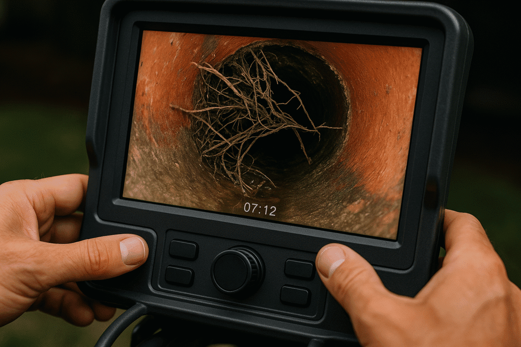 roots invading an old clay sewer pipe.