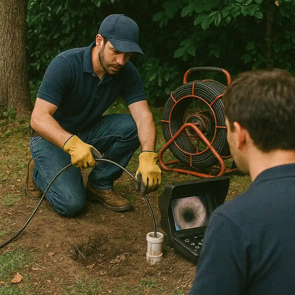 A plumber feeding a flexible inspection cable