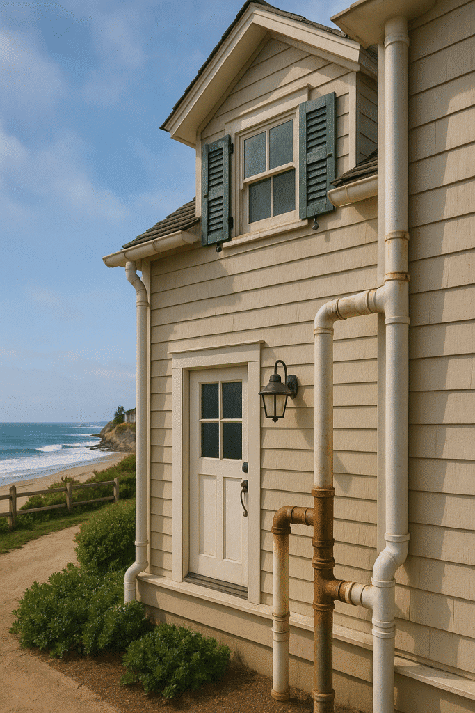 A charming coastal house with visible plumbing fixtures