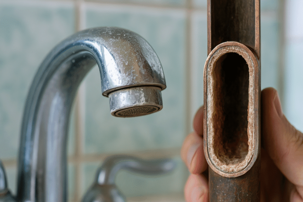 hard water stains on a bathroom faucet