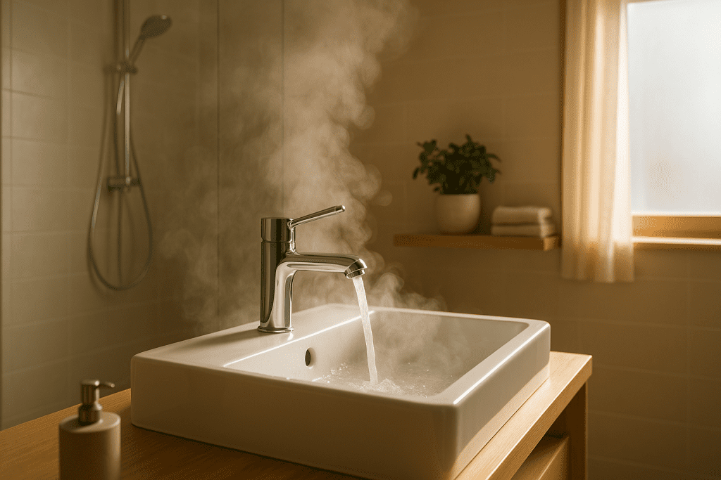 steam rising from running hot water at the sink