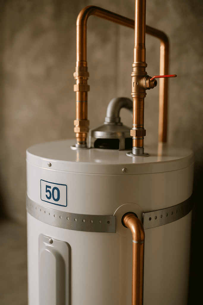 newly installed white 50-gallon electric storage tank water heater in a garage,
