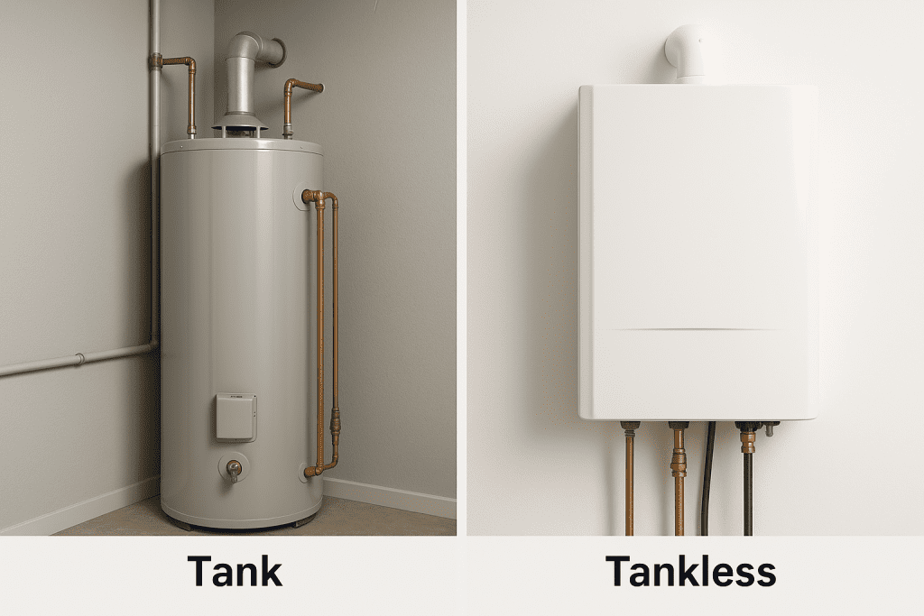 A conventional tank water heater in a utility room. A sleek, compact tankless unit mounted on a wall.