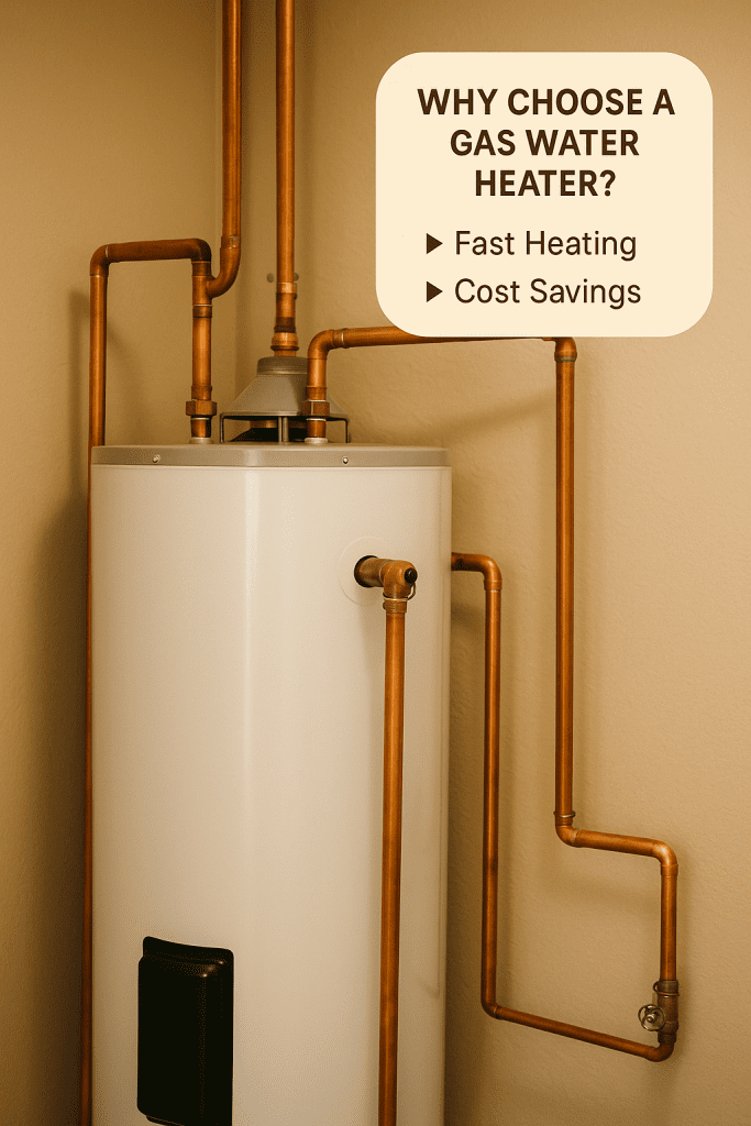 installed tank-style gas water heater with visible copper plumbing lines.