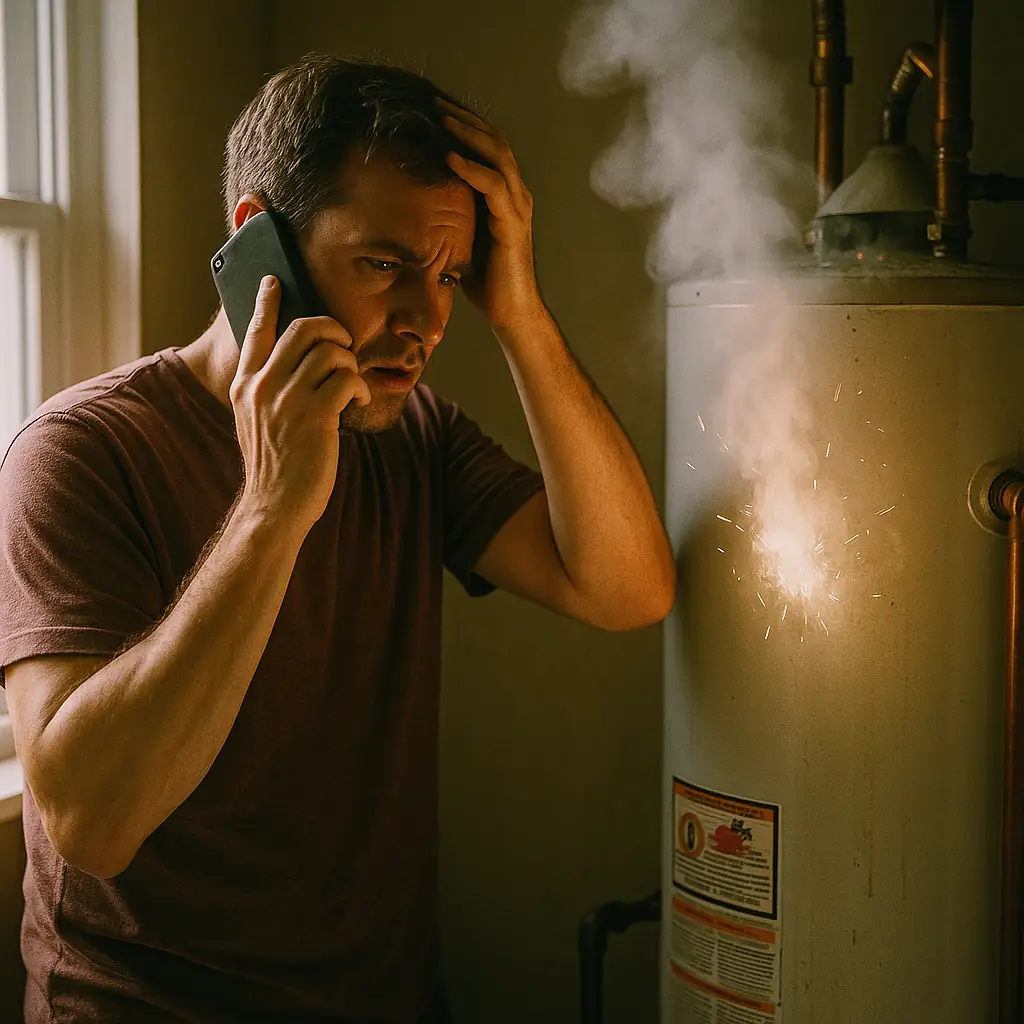 worried homeowner calling a plumber while standing in front of a sparking or steaming water heater.