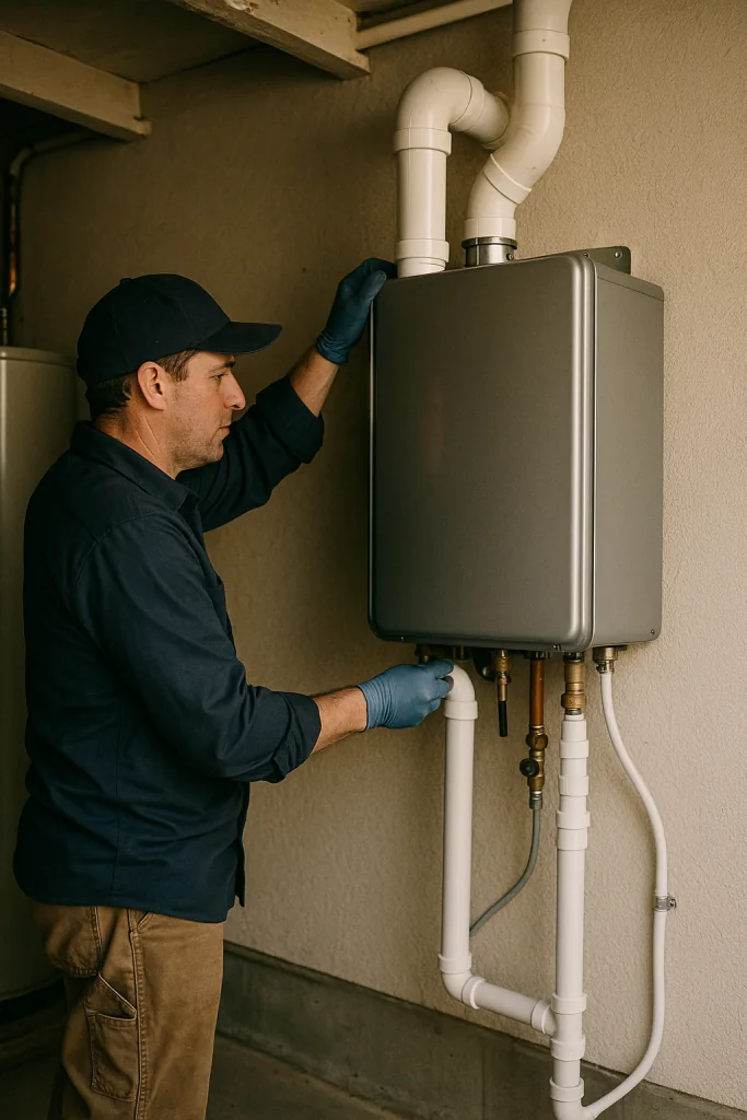 Technician installing venting and condensate line
