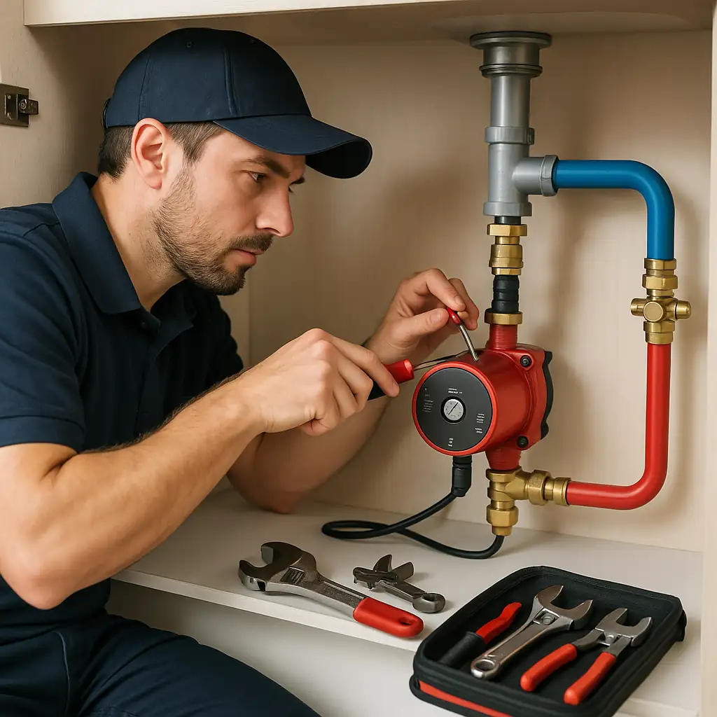 A professional plumber in uniform installing a recirculating pump under a sink
