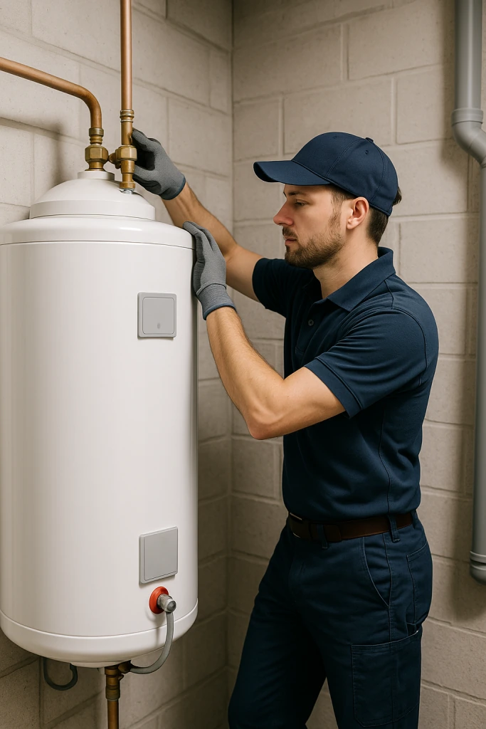 A technician installing a water heater