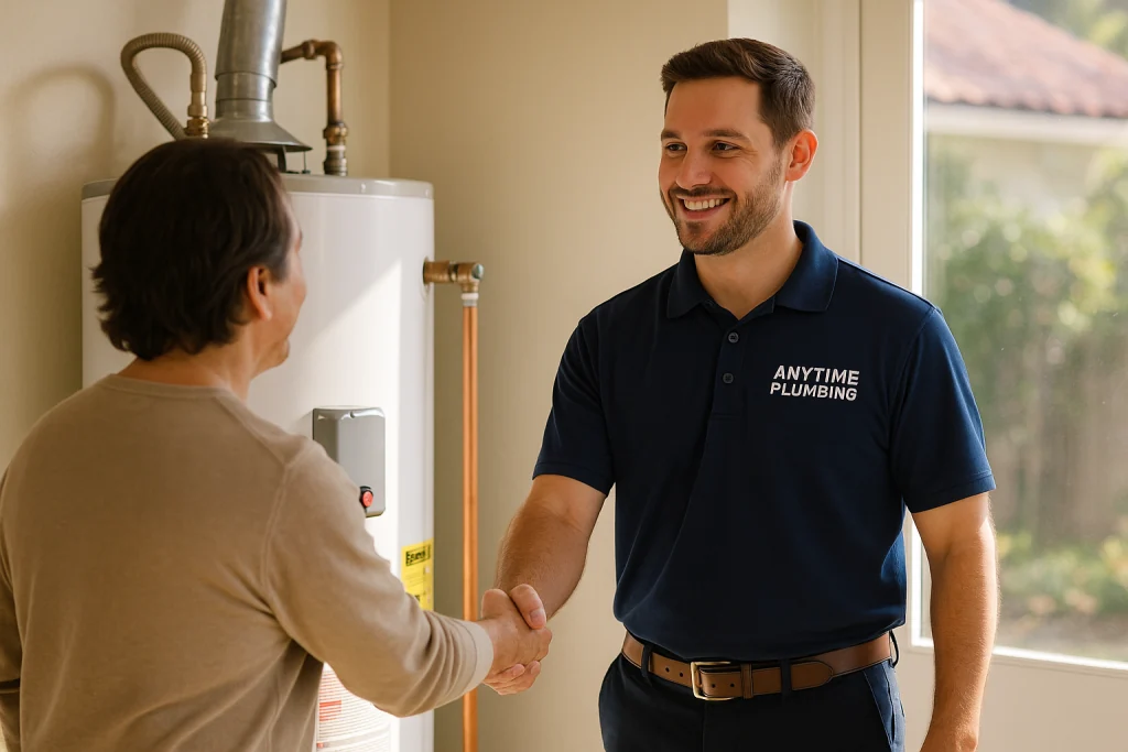 technician next to a repaired water heater, shaking hands with a homeowner