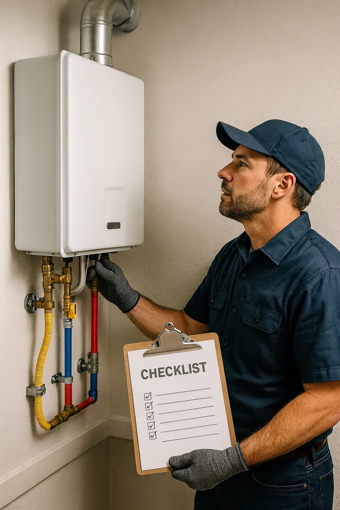 Licensed plumber installing a tankless water heater with venting and code compliance
