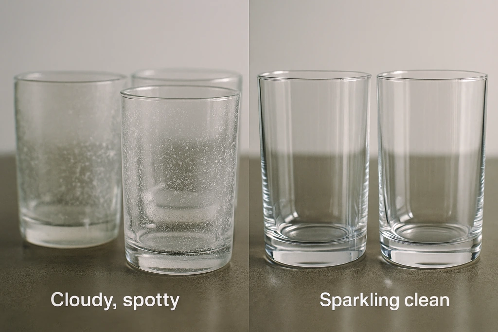 one set of cloudy, spotty glassware next to sparkling clean glassware after using softened water.