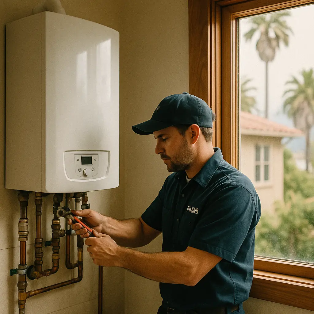 a licensed plumber installing a combination boiler water heater