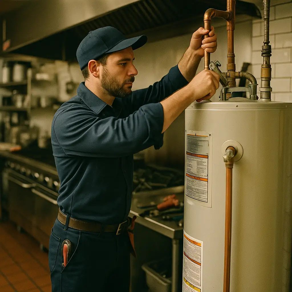 licensed plumber installing a commercial water heater in a restaurant kitchen.