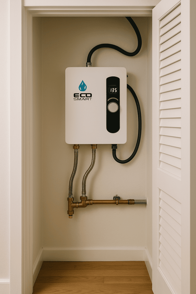 tankless water heater neatly mounted in a tight closet space of a small condo in Capitola.