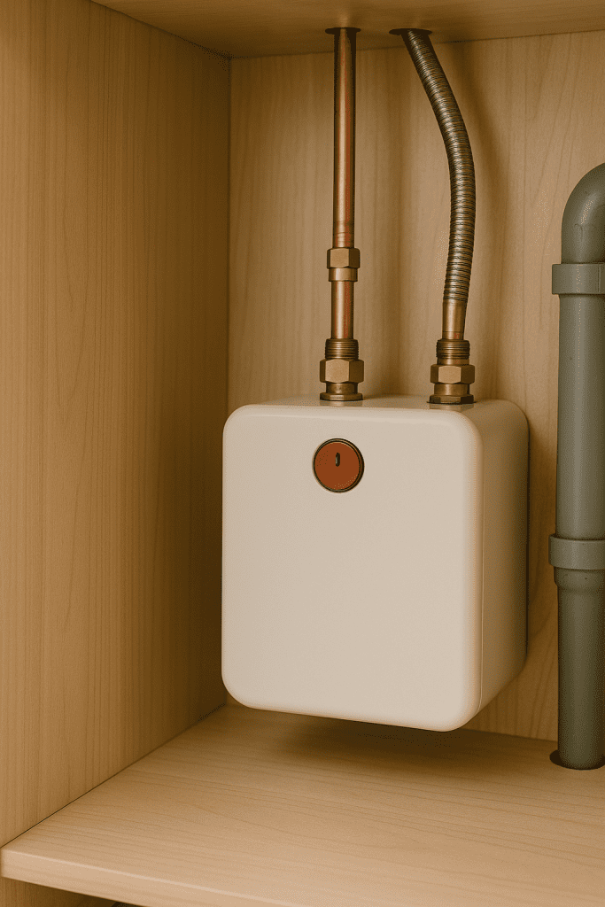 small tankless water heater mounted inside a cabinet next to plumbing pipes.