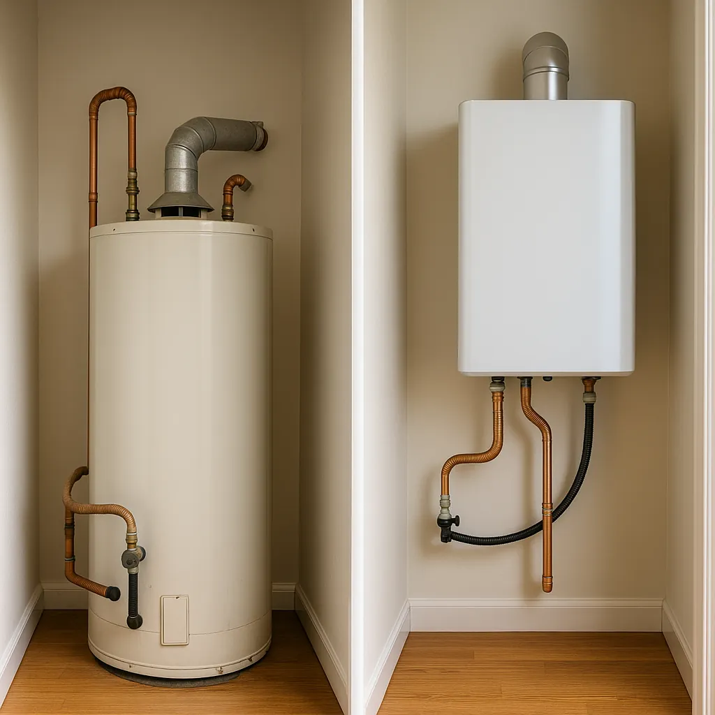 Side-by-side comparison of traditional storage tank water heater vs sleek wall-mounted tankless water heater in a California