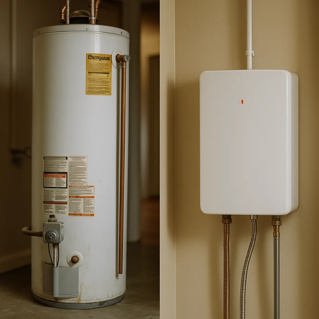 large traditional water heater being replaced with a compact, wall-mounted electric tankless unit.