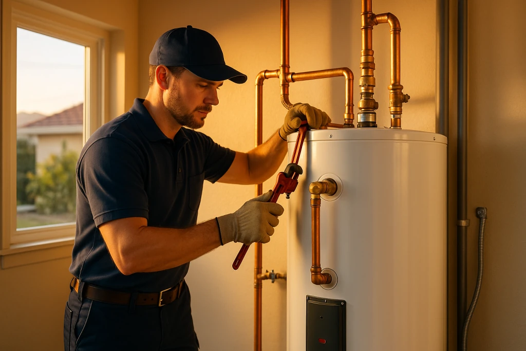 plumber in uniform installs a 50-gallon storage tank water heater