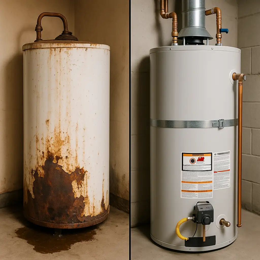 old rusty leaking water heater on the left and a brand-new professionally installed gas storage water heater