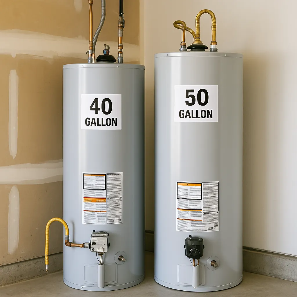 Two tanks side by side labeled 40-gallon and 50-gallon, in a garage setting