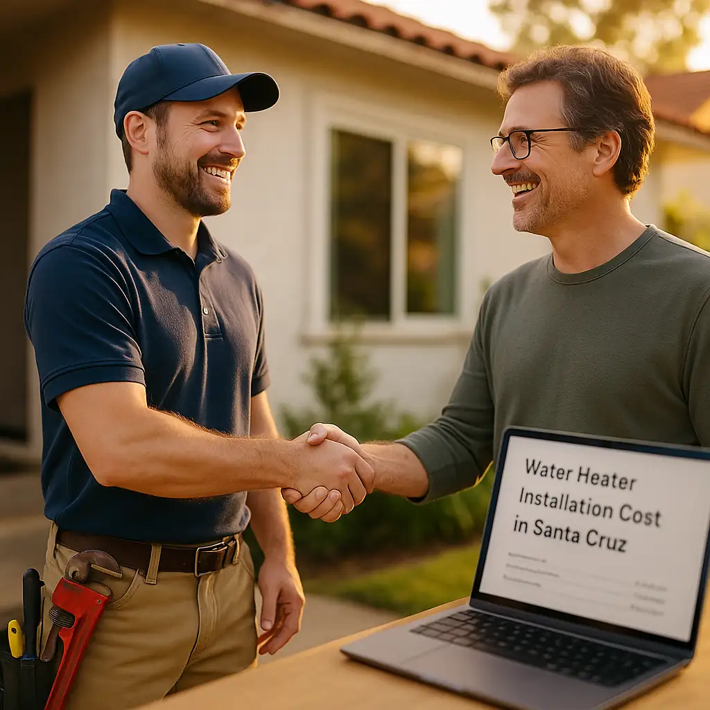 plumber shaking hands with a homeowner outside a Santa Cruz home