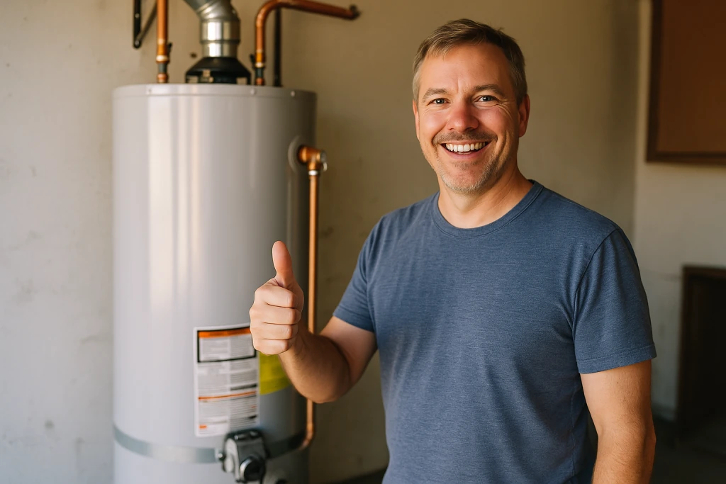 A homeowner standing proudly next to a newly installed water heater