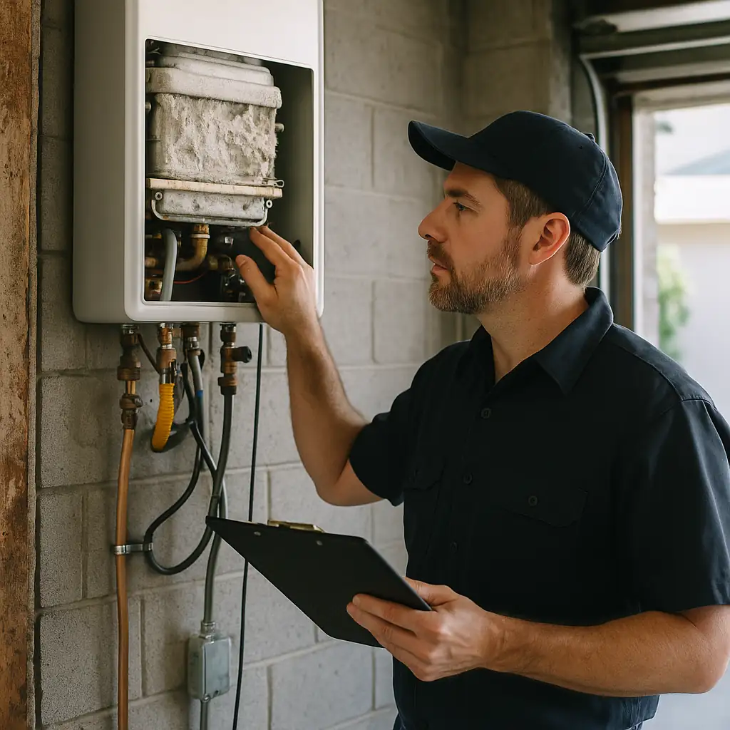 a plumber inspecting a tankless water heater with visible scale buildup