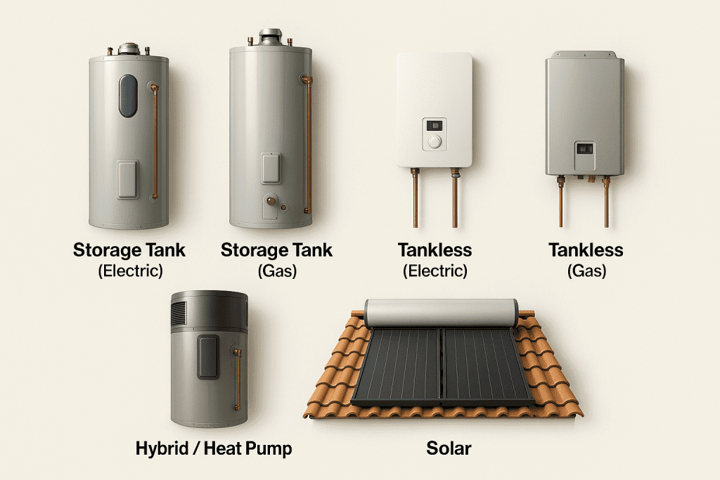 different residential water heater types