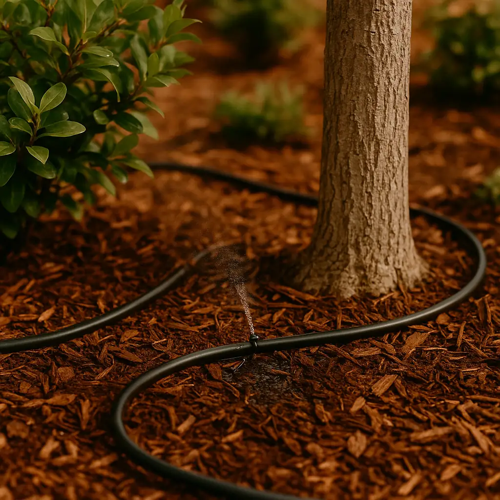 landscaped garden bed with cleanly installed drip emitter tubing.