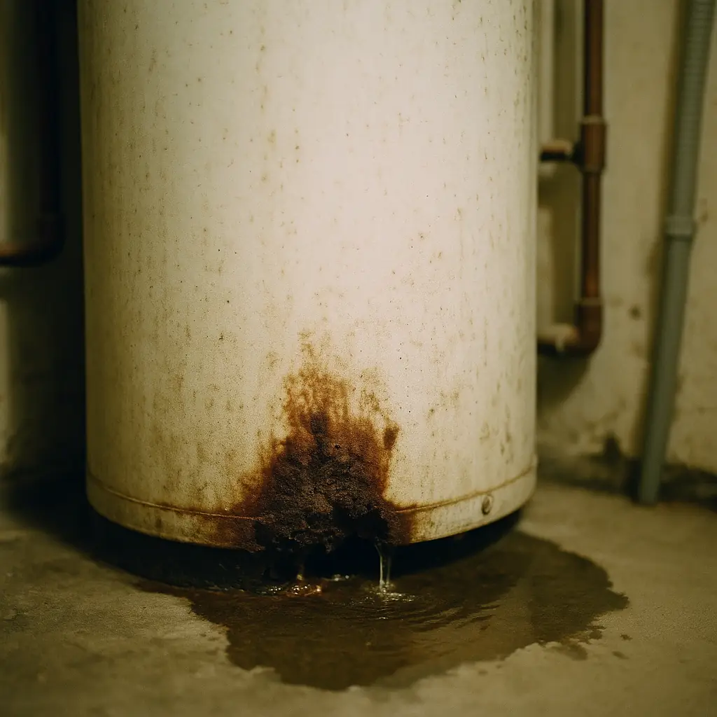 leaking water heater tank in a home utility room