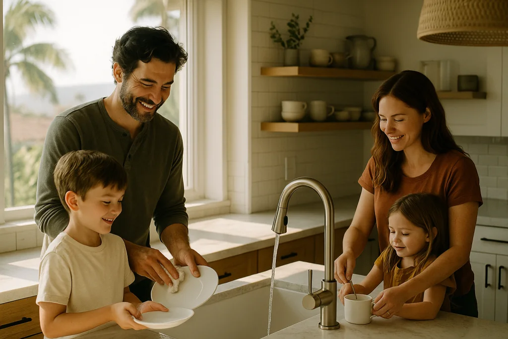 a family using hot water in a modern California coastal home.