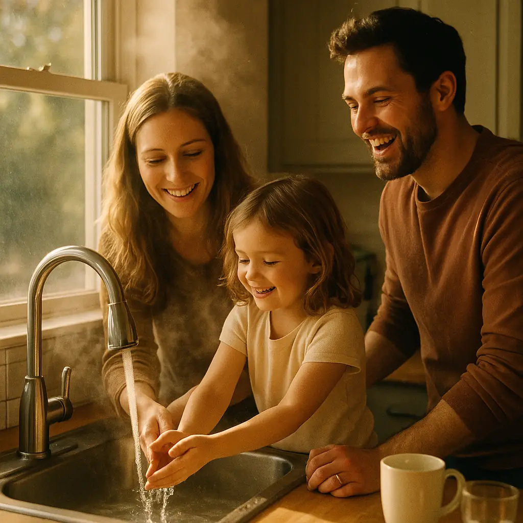 family happily using hot water in their kitchen sink.