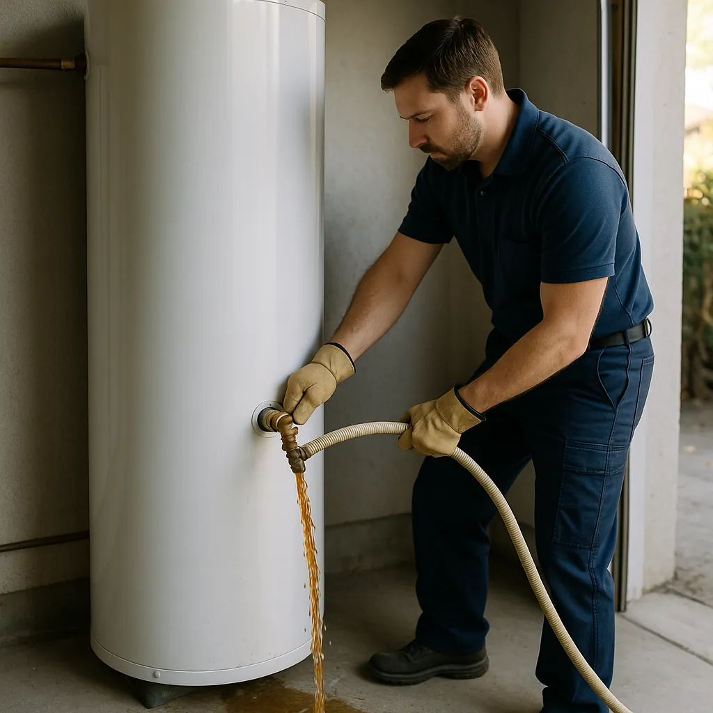 Plumber flushing a hot water storage tank, sediment draining out via a hose.