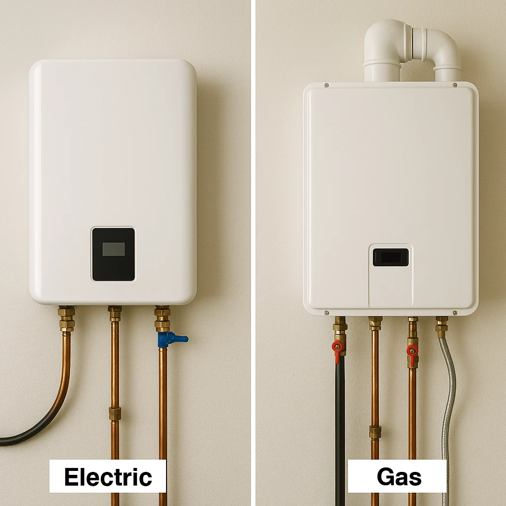 electric and a gas tankless water heater installed in different homes.