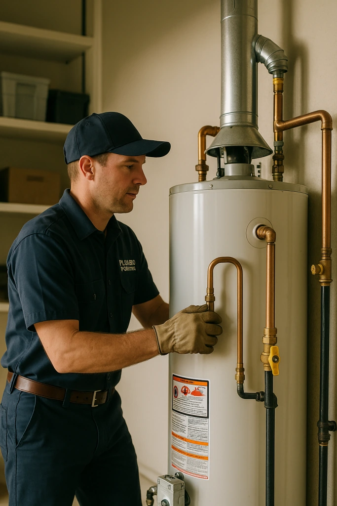 plumber in uniform installing or inspecting a gas water heater