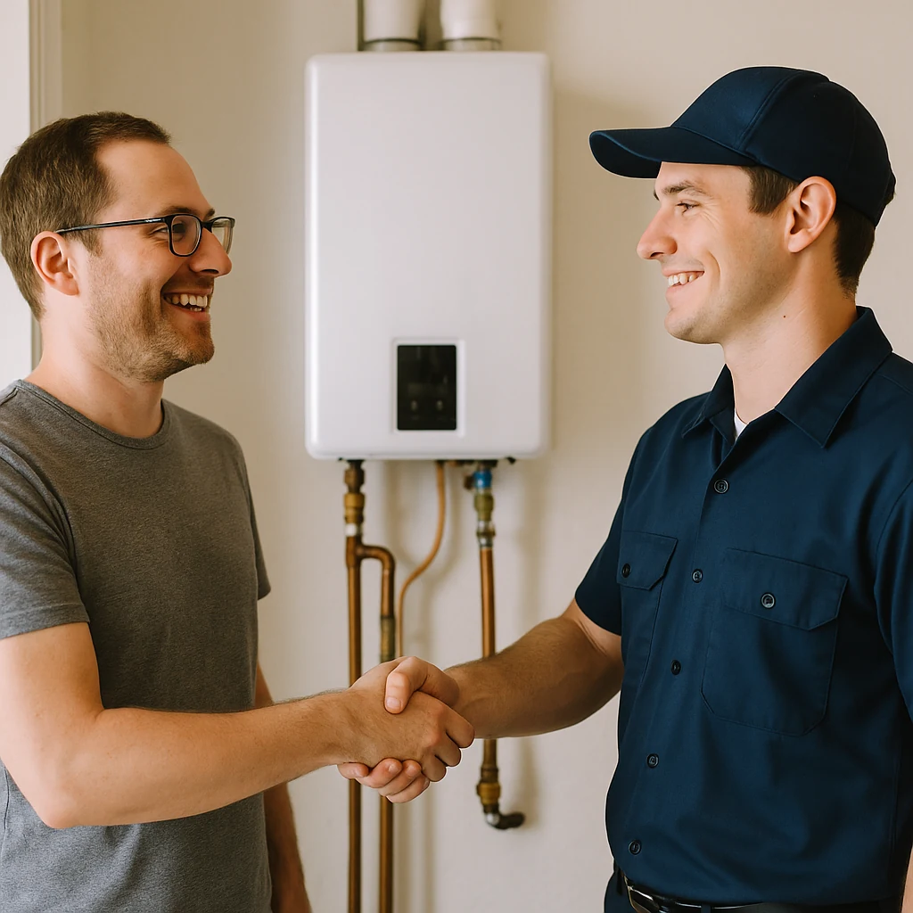 Happy homeowner shaking hands with a plumber in uniform