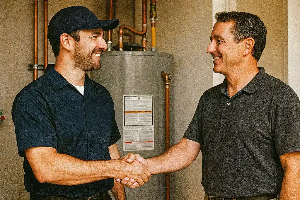 licensed plumber shaking hands with a local restaurant owner