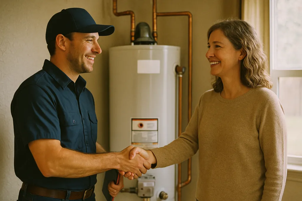 a smiling plumber shaking hands with a happy homeowner in front of a newly installed water heater