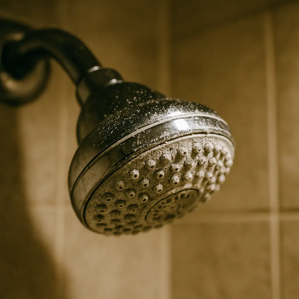 showerhead with white mineral buildup and scale crust.