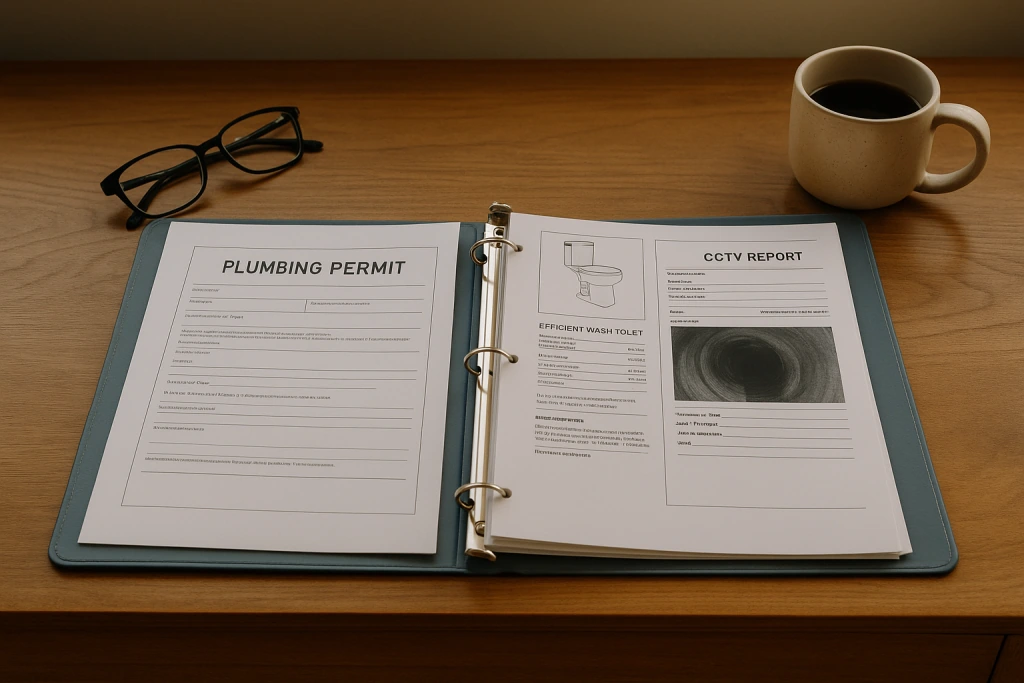 homeowner binder open to plumbing permits, fixture spec sheets