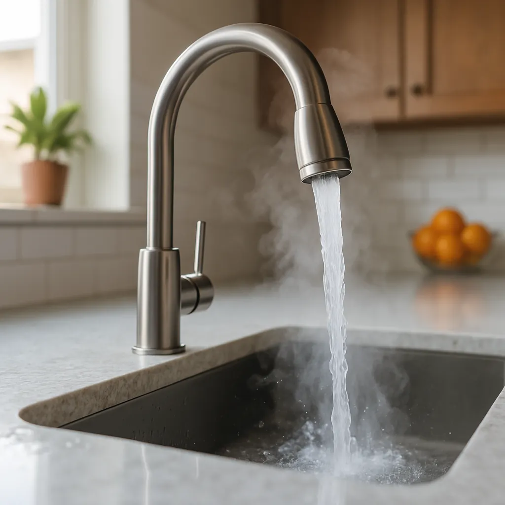 A modern kitchen sink with steaming hot water instantly flowing from the faucet