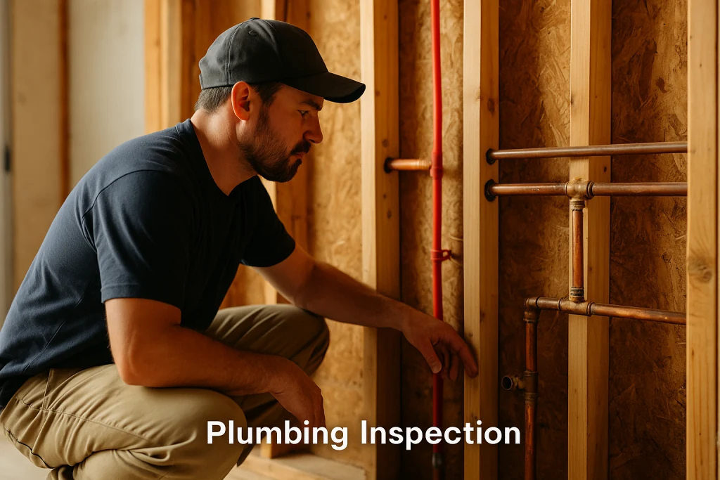 a licensed plumber crouching inside a wall cavity during a rough-in inspection.